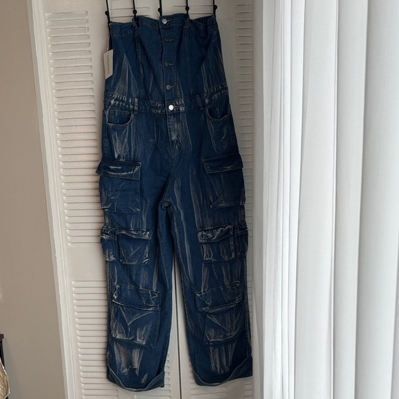 Loragal Denim Cargo Jumpsuit Strapless Wide Leg Y2K Utility NWT - Picture 2 of 16